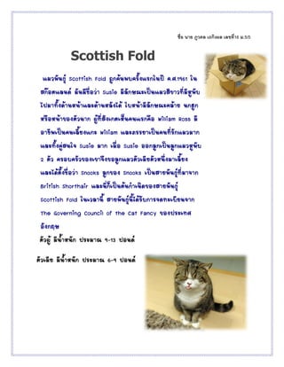 ชื่อ นาย ภูวดล เถกิงผล เลขที่16 ม.5/5
Scottish Fold
แมวพันธุ์ Scottish Fold ถูกค้นพบครั้งแรกในปี ค.ศ.1961 ใน
สก๊อตแลนด์ มันมีชื่อว่า Susie มีลักษณะเป็นแมวสีขาวที่มีหูพับ
ไปมาทั้งด้านหน้าและด้านหลังได้ ใบหน้ามีลักษณะคล้าย นกฮูก
หรือหน้าของตัวนาก ผู้ที่สังเกตเห็นคนแรกคือ William Ross มี
อาชีพเป็นคนเลี้ยงแกะ William และภรรยาเป็นคนที่รักแมวมาก
และทั้งคู่สนใจ Susie มาก เมื่อ Susie ออกลูกเป็นลูกแมวหูพับ
2 ตัว ครอบครัวของเขาจึงขอลูกแมวตัวเมียตัวหนึ่งมาเลี้ยง
และได้ตั้งชื่อว่า Snooks ลูกของ Snooks เป็นสายพันธุ์ที่มาจาก
British Shorthair และนี่ก็เป็นต้นกาเนิดของสายพันธุ์
Scottish Fold ในเวลานี้ สายพันธุ์นี้ได้รับการจดทะเบียนจาก
The Governing Council of the Cat Fancy ของประเทศ
อังกฤษ
ตัวผู้ มีน้าหนัก ประมาณ 9-13 ปอนด์
ตัวเมีย มีน้าหนัก ประมาณ 6-9 ปอนด์
 