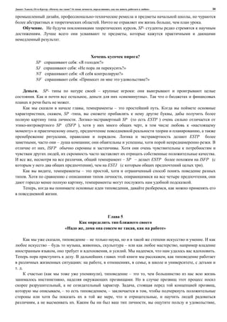 , : « ? 16 , , , » 34
, ,
. , .
. , SP-
. ,
.
?
SP : « ?»
SJ : « ?»
NT : « ?»
NF : « ?»
. SP- – :
. , « ».
.
, – .
, , SP - , ,
. SP ( ESTP )
SP (ISFP ), , «
» , ,
, . ESTP
, – ; , .
, ISFP .
, .
, , – SP – ESTP ISFP (
), ESTJ ( ).
, – ,
. , ,
, .
, , ,
.
5
, , »
, – , .
– , , – ,
, , . , .
. ,
: , , , ,
. .
( ), – ,
, .
, . , ,
, – , – ,
, ,
, . , ,
 