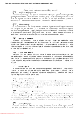 , : « ? 16 , , , » 87
( )
ESTP –
! , ,
. .
,
, .
ESFP –
! ,
, « »
. – ,
, – ,
, .
ISTP –
!
, :
« ».
. , ,
– .
ISFP –
! , ,
, –
. , ,
. , : « ,
».
ESTJ –
, ! « »:
, « , …»
,
. : « ».
ESFJ –
!
,
. : ,
. .
ISTJ –
! ,
« ». ,
. : «
» . .
ISFJ –
! , ( ) : «
20 , ,
: PRESSI ( HERSON )
 