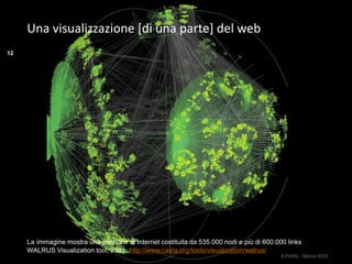 Una visualizzazione [di una parte] del web
La immagine mostra una porzione di Internet costituita da 535.000 nodi e più di 600.000 links
WALRUS Visualization tool, 2001 http://www.caida.org/tools/visualization/walrus/
R.Polillo - Marzo 2015
12
 