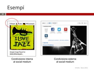 Esempi
R.Polillo - Marzo 2015
24
Condivisione interna
al social medium
Condivisione esterna
al social medium
 