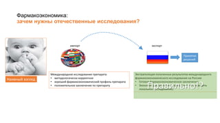 Фармакоэкономика:
зачем нужны отечественные исследования?
Наивный взгляд
Международное исследование препарата:
• методологически корректное
• хороший фармакоэкономический профиль препарата
• положительное заключение по препарату
импорт экспорт
Экстраполяция полученных результатов международного
фармакоэкономического исследования на Россию
• Готовое фармакоэкономическое заключение
• Экономия ресурсов (нет необходимости проводить
локальное исследование)Правильно!?
Принятие
решений
 