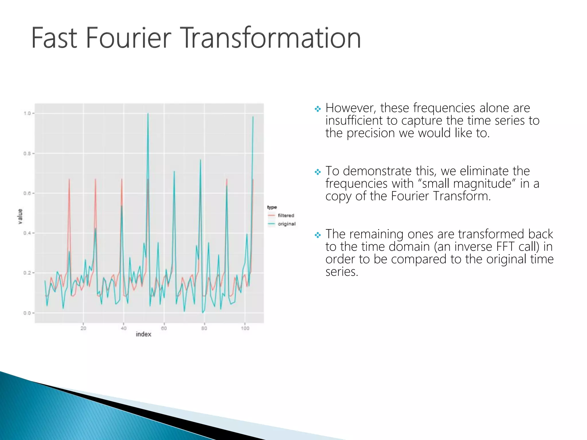  However, these frequencies alone are
insufficient to capture the time series to
the precision we would like to.
 To demonstrate this, we eliminate the
frequencies with “small magnitude” in a
copy of the Fourier Transform.
 The remaining ones are transformed back
to the time domain (an inverse FFT call) in
order to be compared to the original time
series.
 