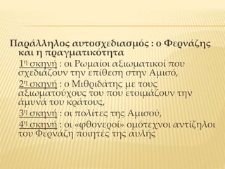 Παράλληλος αυτοσχεδιασμός : ο Φερνάζης
και η πραγματικότητα
1η σκηνή : οι Ρωμαίοι αξιωματικοί που
σχεδιάζουν την επίθεση στην Αμισό,
2η σκηνή : ο Μιθριδάτης με τους
αξιωματούχους του που ετοιμάζουν την
άμυνά του κράτους,
3η σκηνή : οι πολίτες της Αμισού,
4η σκηνή : οι «φθονεροί» ομότεχνοι αντίζηλοι
του Φερνάζη ποιητές της αυλής
 