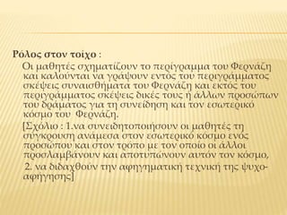 Ρόλος στον τοίχο :
Οι μαθητές σχηματίζουν το περίγραμμα του Φερνάζη
και καλούνται να γράψουν εντός του περιγράμματος
σκέψεις συναισθήματα του Φερνάζη και εκτός του
περιγράμματος σκέψεις δικές τους ή άλλων προσώπων
του δράματος για τη συνείδηση και τον εσωτερικό
κόσμο του Φερνάζη.
[Σχόλιο : 1.να συνειδητοποιήσουν οι μαθητές τη
σύγκρουση ανάμεσα στον εσωτερικό κόσμο ενός
προσώπου και στον τρόπο με τον οποίο οι άλλοι
προσλαμβάνουν και αποτυπώνουν αυτόν τον κόσμο,
2. να διδαχθούν την αφηγηματική τεχνική της ψυχο-
αφήγησης]
 