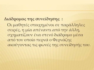 Διάδρομος της συνείδησης :
Οι μαθητές στοιχημένοι σε παράλληλες
σειρές, η μία απέναντι από την άλλη,
σχηματίζουν ένα στενό διάδρομο μέσα
από τον οποίο περνά ο Φερνάζης
ακούγοντας τις φωνές της συνείδησής του.
 
