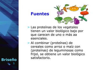 5
Briseño
> Las proteínas de los vegetales
tienen un valor biológico bajo por
que carecen de uno o más aa
esenciales.
> Al...