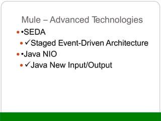 Mule – Advanced Technologies
 •SEDA
 Staged Event-Driven Architecture
 •Java NIO
 Java New Input/Output
 