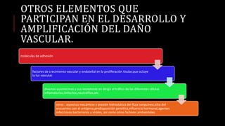 OTROS ELEMENTOS QUE
PARTICIPAN EN EL DESARROLLO Y
AMPLIFICACIÓN DEL DAÑO
VASCULAR.
moléculas de adhesión
factores de crecimiento vascular y endotelial en la proliferación tisular,que ocluye
la luz vascular.
diversas quimiocinas y sus receptores en dirigir el tráfico de las diferentes células
inflamatorias,linfocitos,neutrófilos,etc.
otros : aspectos mecánicos y presión hidrostática del flujo sanguíneo,sitio del
encuentro con el antígeno,predisposición genética,influencia hormonal,agentes
infecciosos bacterianos y virales, así como otros factores ambientales.
 