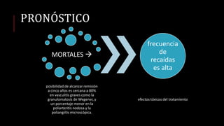 PRONÓSTICO
MORTALES 
posibilidad de alcanzar remisión
a cinco años es cercana a 80%
en vasculitis graves como la
granulomatosis de Wegener, y
un porcentaje menor en la
poliarteritis nodosa y la
poliangiítis microscópica.
frecuencia
de
recaídas
es alta
efectos tóxicos del tratamiento
 