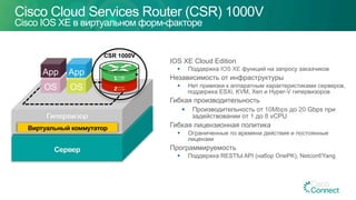 Cisco Cloud Services Router (CSR) 1000V
Cisco IOS XE в виртуальном форм-факторе
IOS XE Cloud Edition
§  Поддержка IOS XE функций на запросу заказчиков
Независимость от инфраструктуры
§  Нет привязки к аппаратным характеристиками серверов,
поддержка ESXi, KVM, Xen и Hyper-V гипервизоров
Гибкая производительность
§  Производительность от 10Mbps до 20 Gbps при
задействовании от 1 до 8 vCPU
Гибкая лицензионная политика
§  Ограниченные по времени действия и постоянные
лицензии
Программируемость
§  Поддержка RESTful API (набор OnePK), Netconf/Yang
Сервер
Гипервизор
Виртуальный коммутатор
OS
App
OS
App
CSR 1000V
 