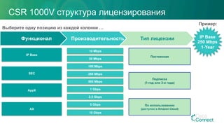 CSR 1000V структура лицензирования
Функционал Производительность Тип лицензии
Выберите одну позицию из каждой колонки …
Пример:
IP Base
250 Mbps
1-Year
IP Base
10 Mbps
50 Mbps
100 Mbps
250 Mbps
500 Mbps
1 Gbps
2.5 Gbps
5 Gbps
Постоянная
Подписка
(1-год или 3-и года)
По использованию
(доступно в Amazon Cloud)
10 Gbps
SEC
AppX
AX
 