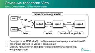 node.4node.3 node.5
network topology model
node.1
node.2
nodeslinks termination_points
link.1
link.2
link.3 link.4
tp.1
tp.2
tp.3
tp.4
tp.5 tp.6 tp.7 tp.8
•  Базируется на RFC (draft): draft-clemm-netmod-yang-network-topo-00.
•  Топология состоит из узлов и соединений
•  Модель применяется для физической и виртуализированной
инфраструктуры
Описание топологии Virto
30
Узлы, Соединения, Точки терминации
 
