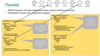 Пример
•  NSO использует теги для определения роли и места элемента топологии
•  Отображена только часть топологии и модели
35
admin@nso-01> show configuration virto ...
node br-02 {
tags [ br-internet ];
capabilities [ bridging ];
node-type {
cloudvpn-virto {
vBridge;
}
}
termination-point firewall;
termination-point gateway;
}
node br-03 {
tags [ br-outside ];
capabilities [ bridging ];
node-type {
cloudvpn-virto {
vBridge;
}
}
termination-point router;
termination-point tunnel-01_cpe_1427875893928;
[...]
}
Использование
тега “br-outside”
для обозначения
бриджа
node dc1-os-2~~br-internet-xyz {
tags [ br-internet ];
capabilities [ bridging ];
node-type {
vswitch {
ovs;
}
}
supporting-node esc-01;
termination-point tp-r2-br-internet-xyz {
supporting-node dc1-os-2;
tp-ref [ tp-r2-br-internet-xyz ];
}
}
node dc1-os-2-net_d2_264 {
tags [ br-outside ];
capabilities [ bridging ];
node-type {
vswitch {
ovs;
}
}
supporting-node esc-01;
termination-point tp-r2-net_d2_264 {
supporting-node dc1-os-1;
tp-ref [ tp-r2-net_d2_264 ];
}
}
NSO identifies
this node as a
possible
candidate to
implement the
service
NSO
идентифицирует
узлы для
настройки услуги
по тегам
CPE1 tunnel-cpe1 br-02 router br-01 firewall br-03 gateway
Иcпользование
тега “br-internet”
для обозначения
бриджа
 