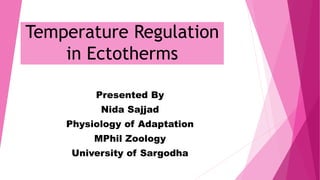 Temperature Regulation
in Ectotherms
Presented By
Nida Sajjad
Physiology of Adaptation
MPhil Zoology
University of Sargodha
 