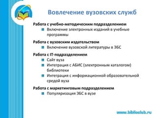 Вовлечение вузовских служб
Работа с учебно-методическим подразделением
Включение электронных изданий в учебные
программы
Работа с вузовским издательством
Включение вузовской литературы в ЭБС
Работа с IT-подразделением
Сайт вуза
Интеграция с АБИС (электронным каталогом)
библиотеки
Интеграция с информационной образовательной
средой вуза
Работа с маркетинговым подразделением
Популяризация ЭБС в вузе
 