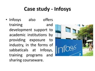 Case study - Infosys
• Infosys also offers
training and
development support to
academic institutions by
providing exposure to
industry, in the forms of
sabbaticals at Infosys,
training programs and
sharing courseware.
 