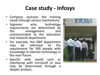 Case study - Infosys
• Company assesses the training
needs through various mechanisms.
• Segment wise technology
requirements are determined by
the management and
communicated to the education
and research department.
• For example, the E&R department
may be informed of the
requirement for 500 people with
knowledge in internet technology in
the near future.
• Specific skills needs such as
interfacing with microsoft or Java
may be determined through a
deeper analysis.
 