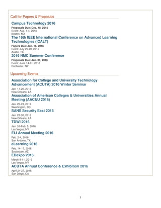 3
Call for Papers & Proposals
Campus Technology 2016
Proposals Due: Dec. 18, 2015
Event: Aug. 1-4, 2016
Boston, MA
The 16th IEEE International Conference on Advanced Learning
Technologies (ICALT)
Papers Due: Jan. 18, 2016
Event: July 25-28, 2016
Austin, TX
2016 NMC Summer Conference
Proposals Due: Jan. 31, 2016
Event: June 14-61, 2016
Rochester, NY
Upcoming Events
Association for College and University Technology
Advancement (ACUTA) 2016 Winter Seminar
Jan. 17-20, 2016
New Orleans, LA
Association of American Colleges & Universities Annual
Meeting (AAC&U 2016)
Jan. 20-23, 2016
Washington, DC
SANS Security East 2016
Jan. 25-30, 2016
New Orleans, LA
TDWI 2016
Jan. 31-Feb. 5, 2016
Las Vegas, NV
ELI Annual Meeting 2016
Feb. 2-4, 2016
San Antonio, TX
eLearning 2016
Feb. 14-17, 2016
Scottsdale, AZ
EDexpo 2016
March 9-11, 2016
Las Vegas, NV
ACUTA Annual Conference & Exhibition 2016
April 24-27, 2016
San Diego, CA
 