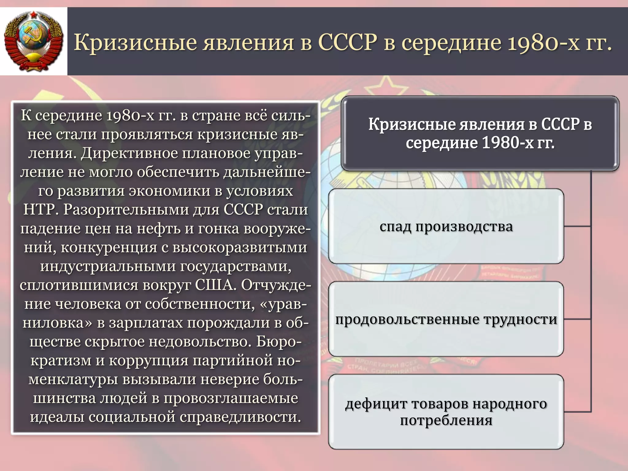 К середине 1980-х гг. в стране всё силь-
нее стали проявляться кризисные яв-
ления. Директивное плановое управ-
ление не могло обеспечить дальнейше-
го развития экономики в условиях
НТР. Разорительными для СССР стали
падение цен на нефть и гонка вооруже-
ний, конкуренция с высокоразвитыми
индустриальными государствами,
сплотившимися вокруг США. Отчужде-
ние человека от собственности, «урав-
ниловка» в зарплатах порождали в об-
ществе скрытое недовольство. Бюро-
кратизм и коррупция партийной но-
менклатуры вызывали неверие боль-
шинства людей в провозглашаемые
идеалы социальной справедливости.
Кризисные явления в СССР в середине 1980-х гг.
Кризисные явления в СССР в
середине 1980-х гг.
спад производства
продовольственные трудности
дефицит товаров народного
потребления
 