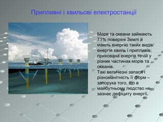Припливні і хвильові електростанції
Моря та океани займають
71% поверхні Землі й
мають енергію таких видів:
енергія хвиль і припливів;
прихована енергія течій у
різних частинах морів та
океанів.
Такі величезні запаси і
різноманітність її форм –
запорука того, що в
майбутньому людство не
зазнає дефіциту енергії.
 