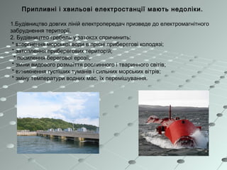 Припливні і хвильові електростанції мають недоліки.
1.Будівництво довгих ліній електропередач призведе до електромагнітного
забруднення території.
2. Будівництво гребель у затоках спричинить:
* вторгнення морської води в прісні приберегові колодязі;
* затоплення приберегових територій;
* посилення берегової ерозії;
* зміни видового розмаїття рослинного і тваринного світів;
* виникнення густіших туманів і сильних морських вітрів;
* зміну температури водних мас, їх перемішування.
 