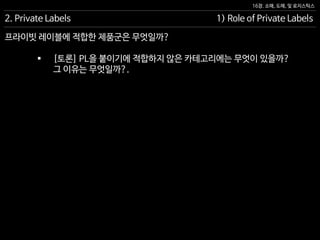 16장. 소매, 도매, 및 로지스틱스
프라이빗 레이블에 적합한 제품군은 무엇일까?
 [토론] PL을 붙이기에 적합하지 않은 카테고리에는 무엇이 있을까?
그 이유는 무엇일까?.
2. Private Labels 1) Role of Private Labels
 