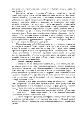 31
мистецтва, самостійну діяльність, культуру та безпеку праці, розвивають
творчі здібності.
Відповідно до вимог програми «Українське дошкілля» у кожній
віковій групі проводяться заняття зображувальної діяльності: малювання,
ліплення, аплікація, художня праця, та самостійна художня діяльність, яка
здійснюється в другій половині дня. Пріоритетною метою вищезазначених
занять є виховання ціннісного ставлення до українських мистецьких
традицій, фольклору, до мистецьких творів художників, композиторів,
музикантів, поетів, письменників, до українського декоративно-прикладного
мистецтва, ознайомлення з професіями, побутом, працею дорослих та інше.
Відповідно до річного плану роботи закладу проводяться сезонні та
календарні свята. Велика увага приділяється співпраці з батьками у даному
напрямку. Слід відзначити акторський хист та високий рівень підготовки та
проведення свят у вихователя Агаєвої Г.С. Також заслуговує на увагу досвід
роботиу різновіковій групі вихователя СорокінойО.О.щодо проведення свят
та розваг з дітьми різного віку в одній групі.
Музичий керівник Войніч Н.О. проводив музичні заняття у всіх групах,
починаючи з ясельної. Заняття проводяться 2 рази на тиждень в ранкові
години. Їх тривалість різна, залежно від віку дітей. Окрім занять музичні
керівники готують і проводять музичні розваги і святкові ранки. Під час
огляду документації у музичних керівників наявні: плани проведення
масових заходів, дійств музично-естетичного циклу, картотека методичних
розробок (конспекти різних видів роботи з дітьми, сценарії музичних свят
тощо), музично-дидактичних ігор.
Освітня лінія «Гра дитини»
З огляду на те, що провідною у дошкільному віці є ігрова діяльність,
гра широко використовується у навчально-виховному процесі дошкільного
навчального закладу як самостійна форма роботи з дітьми та як ефективний
засіб розвитку, виховання і навчання в інших організаційних формах. У
роботі вихователів пріоритет надається творчим іграм (сюжетно-рольові,
будівельно-конструктивні, ігри-драматизації та інсценівки, ігри з елементами
праці та художньо творчої діяльності) та іграм з правилами (дидактичні,
рухливі, хороводні тощо).
Упродовж усього дня в дитячому садочку організовуються різні види
ігор з урахуванням віку дітей, їхніх ігрових інтересів, місця гри в режимі дня,
місця проведення, змісту попередніх і наступних форм роботи, сезонних
умов, ступеня фізичного та інтелектуального навантаження на дітей.
У всіх вікових групах поновлено матеріально-технічне забезпечення
для проведення сюжетно-рольових, конструкторсько-будівельних,
дидактичних, настільно-друкованих ігор.
З метою створення середовища, що сприяє розвитку ігрової діяльності
на свіжому повітрі кожного року проводиться конкурс «Кращий ігровий
майданчик». До даного конкурсу залучено батьківську громаду дошкільного
закладу.
 