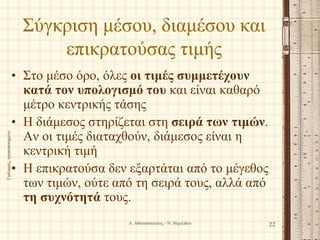 Σύγκριση μέσου, διαμέσου και
επικρατούσας τιμής
• Στο μέσο όρο, όλες οι τιμές συμμετέχουν
κατά τον υπολογισμό του και είναι καθαρό
μέτρο κεντρικής τάσης
• Η διάμεσος στηρίζεται στη σειρά των τιμών.
Αν οι τιμές διαταχθούν, διάμεσος είναι η
κεντρική τιμή
• Η επικρατούσα δεν εξαρτάται από το μέγεθος
των τιμών, ούτε από τη σειρά τους, αλλά από
τη συχνότητά τους.
22
Γιαλαμάς,τροποποιημένο
Α. Αθανασόπουλος - Ν. Μιμιλίδου
 