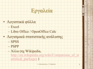 Εργαλεία
• Λογιστικά φύλλα
– Excel
– Libre Office / OpenOffice Calc
• Λογισμικά στατιστικής ανάλυσης
– SPSS
– PSPP
– Άλλα (πχ Wikipedia,
http://en.wikipedia.org/wiki/Comparison_of_st
atistical_packages )
Α. Αθανασόπουλος - Ν. Μιμιλίδου 5
 