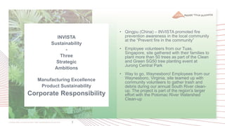 7
• Qingpu (China) – INVISTA promoted fire
prevention awareness in the local community
at the “Prevent fire in the community”
• Employee volunteers from our Tuas,
Singapore, site gathered with their families to
plant more than 50 trees as part of the Clean
and Green SG50 tree planting event at
Jurong Central Park
• Way to go, Waynesboro! Employees from our
Waynesboro, Virginia, site teamed up with
community volunteers to gather trash and
debris during our annual South River clean-
up. The project is part of the region’s larger
effort with the Potomac River Watershed
Clean-up
INVISTA
Sustainability
-
Three
Strategic
Ambitions
Manufacturing Excellence
Product Sustainability
Corporate Responsibility
 
