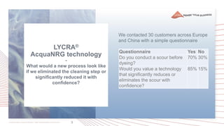 9
LYCRA®
AcquaNRG technology
-
What would a new process look like
if we eliminated the cleaning step or
significantly reduced it with
confidence?
Questionnaire Yes No
Do you conduct a scour before
dyeing?
70% 30%
Would you value a technology
that significantly reduces or
eliminates the scour with
confidence?
85% 15%
We contacted 30 customers across Europe
and China with a simple questionnaire
 