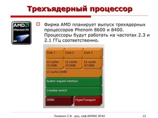 Трехъядерный процессорТрехъядерный процессор
 Фирма AMD планирует выпуск трехядерных
процессоров Phenom 8600 и 8400.
Процессоры будут работать на частотах 2.3 и
2.1 ГГц соответственно.
Ломакин С.В. доц. каф.ИОМАС ВГАУ 12
 