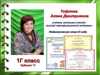 ТифловаТифлова
Алена ДмитриевнаАлена Дмитриевна
учитель начальных классовучитель начальных классов
высшей квалификационной категориивысшей квалификационной категории
Педагогический стаж 2Педагогический стаж 233 годагода
1Г класс1Г класс
Кабинет 11Кабинет 11
 