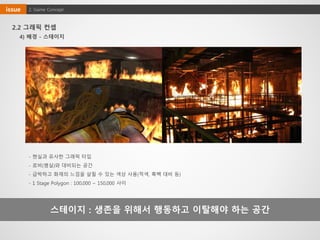 2.2 그래픽 컨셉
스테이지 : 생존을 위해서 행동하고 이탈해야 하는 공간
4) 배경 - 스테이지
2. Game Conceptissue
- 현실과 유사한 그래픽 타입
- 로비(병실)와 대비되는 공간
- 급박하고 화재의 느낌을 살릴 수 있는 색상 사용(적색, 흑백 대비 등)
- 1 Stage Polygon : 100,000 ~ 150,000 사이
 