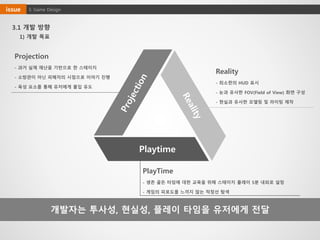 3. Game Designissue
3.1 개발 방향
개발자는 투사성, 현실성, 플레이 타임을 유저에게 전달
1) 개발 목표
Playtime
Projection
- 과거 실제 재난을 기반으로 한 스테이지
- 소방관이 아닌 피해자의 시점으로 이야기 진행
- 육성 요소를 통해 유저에게 몰입 유도
Reality
- 최소한의 HUD 표시
- 눈과 유사한 FOV(Field of View) 화면 구성
- 현실과 유사한 모델링 및 라이팅 제작
PlayTime
- 생존 골든 타임에 대한 교육을 위해 스테이지 플레이 5분 내외로 설정
- 게임의 피로도를 느끼지 않는 적정선 탐색
 
