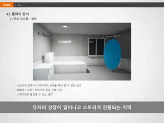 4. Playissue
4.1 플레이 방식
유저의 성장이 일어나고 스토리가 진행되는 지역
2) 주요 시스템 - 로비
- 스토리의 진행이나 캐릭터의 상태를 확인 할 수 있는 공간
- 레벨업 / 스킬 / 트라우마 등을 진행 가능
- 스테이지로 돌입할 수 있는 공간
 