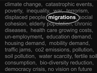 climate change, catastrophic events,
poverty, inequality, war, terrorism,
displaced people, migrations, social
cohesion, elderly population, chronic
diseases, health care growing costs,
un-employment, education demand,
housing demand, mobility demand,
traffic jams, co2 emissions, pollution,
soil pollution, water scarcity, fertile soil
consumption, bio-diversity reduction,
democracy crisis, no vision on future
 