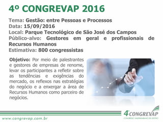 Tema: Gestão: entre Pessoas e Processos
Data: 15/09/2016
Local: Parque Tecnológico de São José dos Campos
Público-alvo: Gestores em geral e profissionais de
Recursos Humanos
Estimativa: 800 congressistas
4º CONGREVAP 2016
Objetivo: Por meio de palestrantes
e gestores de empresas de renome,
levar os participantes a refletir sobre
as tendências e exigências do
mercado, os reflexos nas estratégias
do negócio e a enxergar a área de
Recursos Humanos como parceiro de
negócios.
 