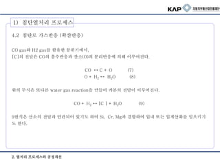 2. 열처리 프로세스와 공정개선
4.2 침탄로 가스반응 (확산반응)
CO gas와 H2 gas를 함유한 분위기에서,
[C]의 전달은 CO의 흡수반응과 산소(O)의 분리반응에 의해 이루어진다.
CO ↔ C + O (7)
O + H2 ↔ H2O (8)
위의 두식은 또다른 water gas reaction을 만들어 카본의 전달이 이루어진다.
CO + H2 ↔ [C ] + H2O (9)
9번식은 산소의 전달과 연관되어 있기도 하여 Si, Cr, Mg과 결합하여 입내 또는 입계산화를 일으키기
도 한다.
1) 침탄열처리 프로세스
 