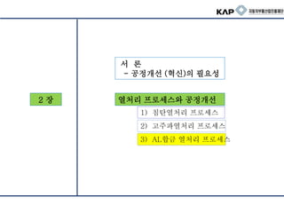 2 장
서 론
- 공정개선 (혁신)의 필요성
열처리 프로세스와 공정개선
1) 침탄열처리 프로세스
2) 고주파열처리 프로세스
3) AL합금 열처리 프로세스
 