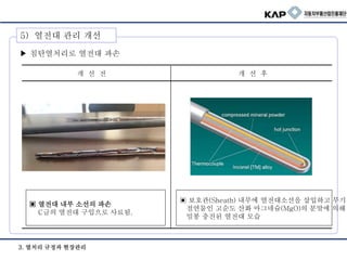 3. 열처리 규정과 현장관리
▶ 침탄열처리로 열전대 파손
▣ 보호관(Sheath) 내부에 열전대소선을 삽입하고 무기
절연물인 고순도 산화 마그네슘(MgO)의 분말에 의해
밀봉 충진된 열전대 모습
▣ 열전대 내부 소선의 파손
C급의 열전대 구입으로 사료됨.
개 선 전 개 선 후
5) 열전대 관리 개선
 
