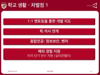 학교 생활 – 차별점 1
2016-05-31 정보대학 11
1:1 멘토링을 통한 개별 지도
학.석사 연계
융합전공: 정보보안, 벤처
해외 경험 지원
미국 단기 연수 지원 (실리콘밸리)
 