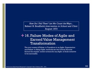 +16.0 ‒ Failure Modes of Agile
and Earned Value Management
Transformation
The root causes of Failure to Transform to an Agile Organization
and Failure to Adopt Agile methods are two Critical Success
factors the require correct actions for any Agile at Scale initiative
to be successful.
How Do I Fail Thee? Let Me Count theWays...
Robert H. Bradfield,Intervention in School and Clinic
August 1973
Performance–Based Project Management®
, Copyright© Glen B. Alleman, 2002 ― 2016 611
 