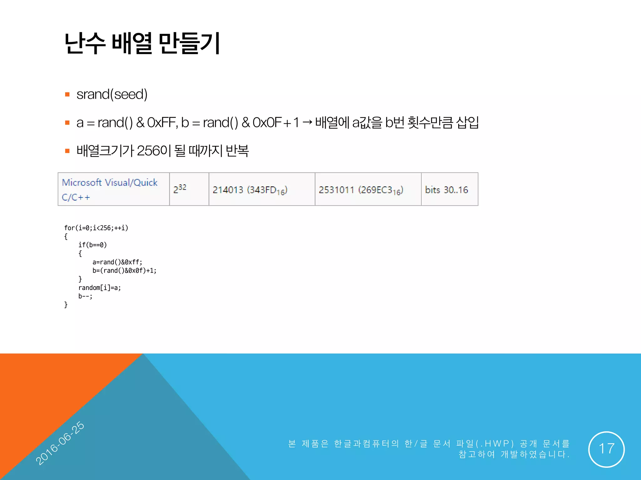 난수 배열 만들기
 srand(seed)
 a=rand()&0xFF, b=rand()&0x0F+1→배열에a값을 b번횟수만큼삽입
 배열크기가 256이될때까지 반복
본 제 품 은 한 글 과 컴 퓨 터 의 한 / 글 문 서 파 일 ( . H W P ) 공 개 문 서 를
참 고 하 여 개 발 하 였 습 니 다 . 17
for(i=0;i<256;++i)
{
if(b==0)
{
a=rand()&0xff;
b=(rand()&0x0f)+1;
}
random[i]=a;
b--;
}
 