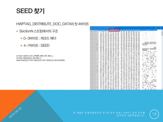 SEED 찾기
HWPTAG_DISTRIBUTE_DOC_DATA의첫4바이트
 SectionN스트림에서의 구조
 0~3바이트:레코드헤더
 4~7바이트:SEED
본 제 품 은 한 글 과 컴 퓨 터 의 한 / 글 문 서 파 일 ( . H W P ) 공 개 문 서 를
참 고 하 여 개 발 하 였 습 니 다 . 15
stream->Seek(li(4),STREAM_SEEK_SET,NULL);
stream->Read(data,256,NULL);
seed=(data[3]<<24)+(data[2]<<16)+(data[1]<<8)+data[0];
 