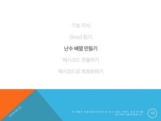 기초 지식
Seed 찾기
난수 배열 만들기
해시코드 추출하기
해시코드로 복호화하기
본 제 품 은 한 글 과 컴 퓨 터 의 한 / 글 문 서 파 일 ( . H W P ) 공 개 문 서 를
참 고 하 여 개 발 하 였 습 니 다 . 16
 