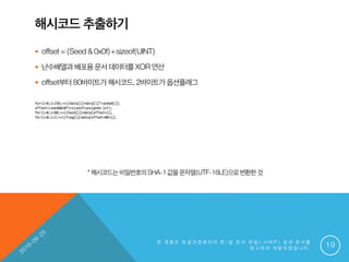 해시코드 추출하기
 offset=(Seed&0x0f)+sizeof(UINT)
 난수배열과 배포용문서 데이터를 XOR연산
 offset부터80바이트가해시코드,2바이트가옵션플래그
본 제 품 은 한 글 과 컴 퓨 터 의 한 / 글 문 서 파 일 ( . H W P ) 공 개 문 서 를
참 고 하 여 개 발 하 였 습 니 다 . 19
for(i=0;i<256;++i)data[i]=data[i]^random[i];
offset=(seed&0x0f)+sizeof(unsigned int);
for(i=0;i<80;++i)hash[i]=data[offset+i];
for(i=0;i<2;++i)flag[i]=data[offset+80+i];
*해시코드는비밀번호의SHA-1값을문자열(UTF-16LE)으로변환한것
 