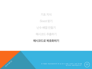기초 지식
Seed 찾기
난수 배열 만들기
해시코드 추출하기
해시코드로 복호화하기
본 제 품 은 한 글 과 컴 퓨 터 의 한 / 글 문 서 파 일 ( . H W P ) 공 개 문 서 를
참 고 하 여 개 발 하 였 습 니 다 . 20
 
