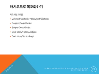 해시코드로 복호화하기
복호화할스트림
 ViewText/SectionN→BodyText/SectionN
 Scripts/JScriptVersion
 Scripts/DefaultScript
 DocHistory/HistoryLastDoc
 DocHistory/VersionLogN
본 제 품 은 한 글 과 컴 퓨 터 의 한 / 글 문 서 파 일 ( . H W P ) 공 개 문 서 를
참 고 하 여 개 발 하 였 습 니 다 . 21
 